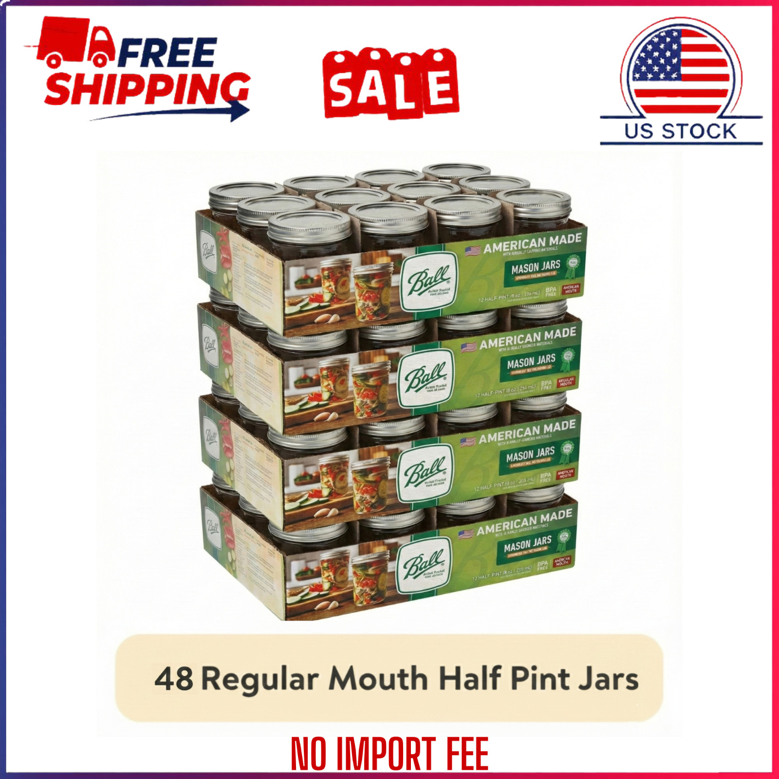 (4 pack) Ball Glass Mason Jar w/ Lid & Band, Regular Mouth, 8 Ounces, 12 Count
