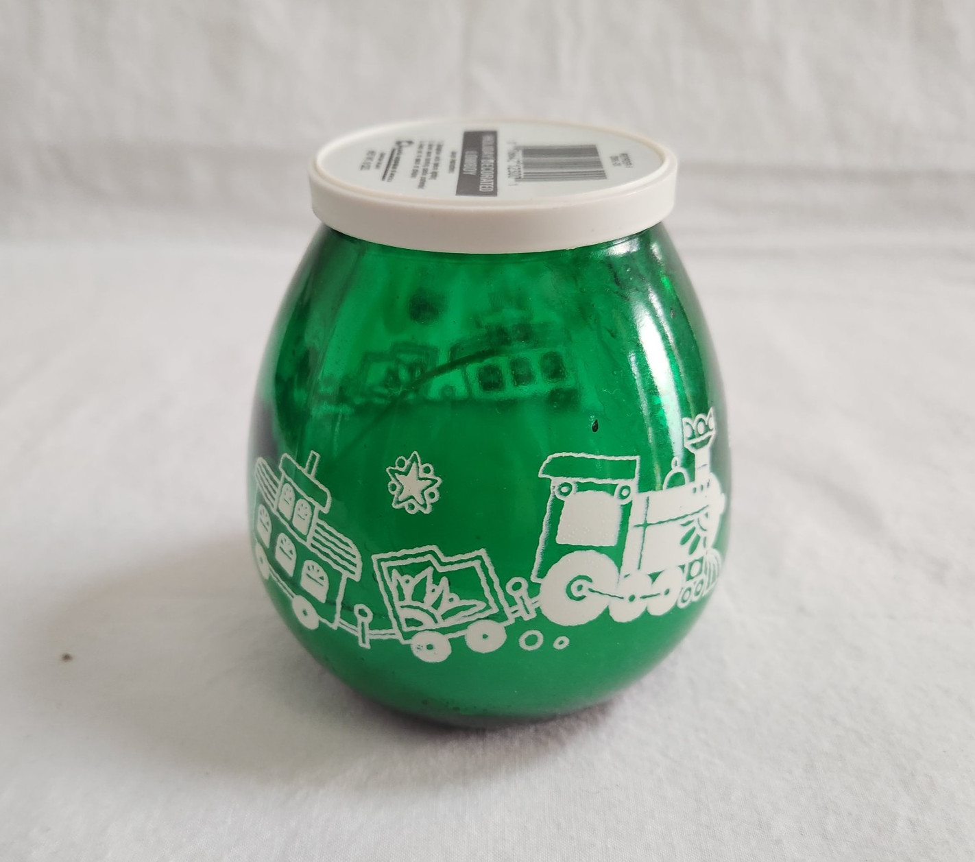 Vintage Stenciled Train Green Glass Christmas Jar Candle Low Boy USA Caboose 