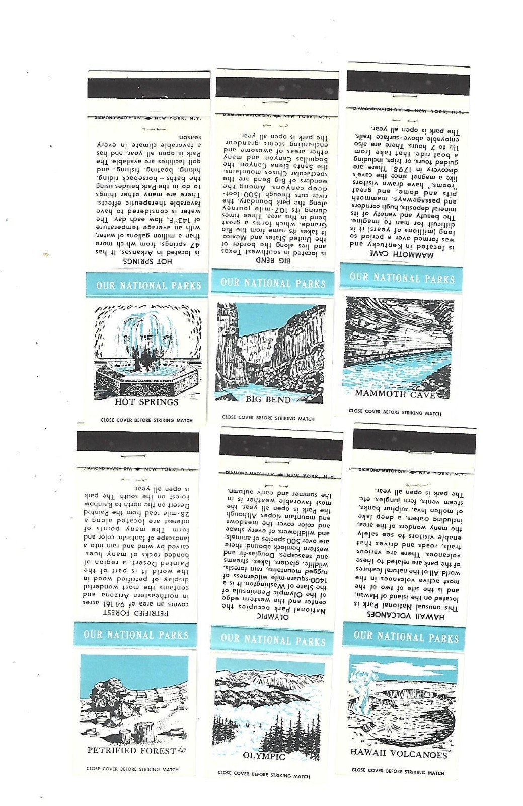 6 National Parks  Matchcovers