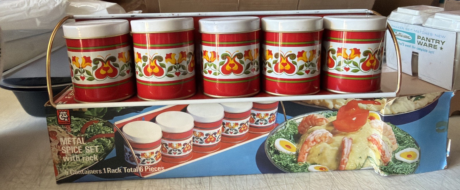 Nevco Tin Kitchen Canister Spice Set w/Rack Mid Century VTG Mid Century 2249