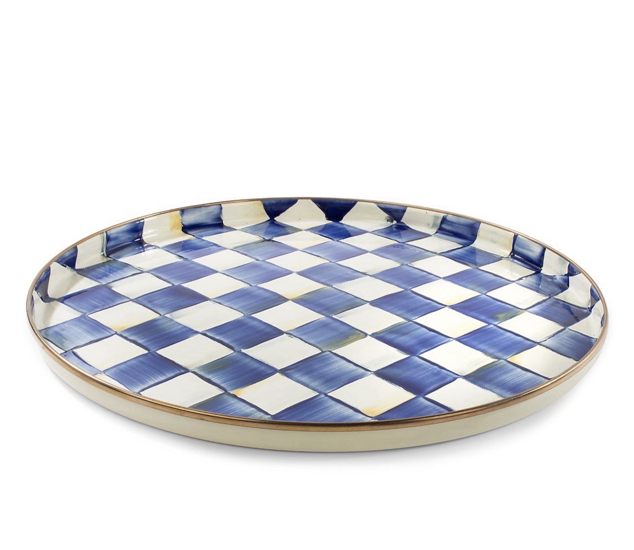 MACKENZIE-CHILDS Enamel Round Tray Blue & White Courtly Check Serving Platter