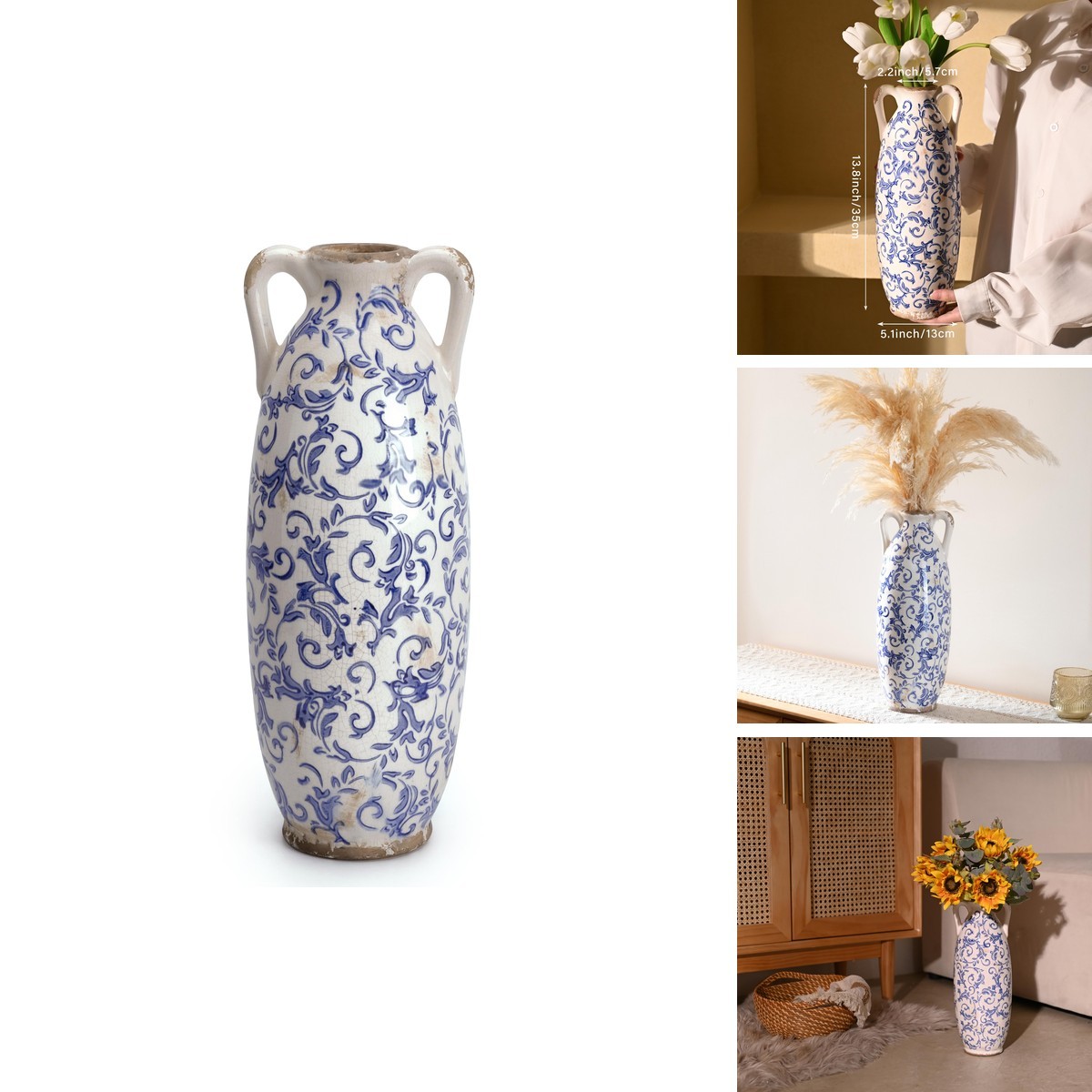 VICTOR & TERESA Blue and White 14'' Tall Floor Vase for Home Decor
