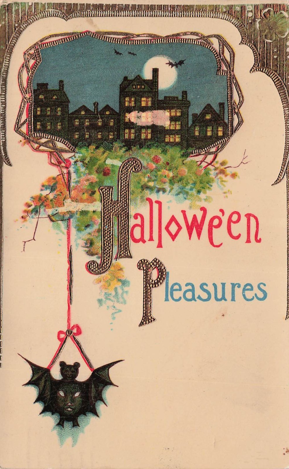 Antique Halloween Arts and Crafts Bat Moon Haunted House Card Vtg Postcard K3