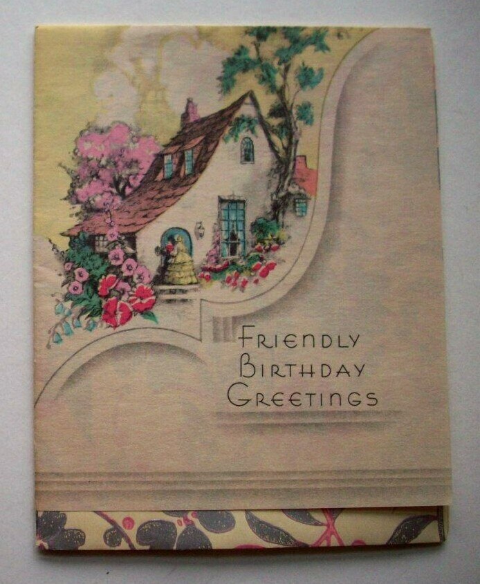 30\'s Woman at the cottage door for visit Vintage Birthday Greeting Card G2 