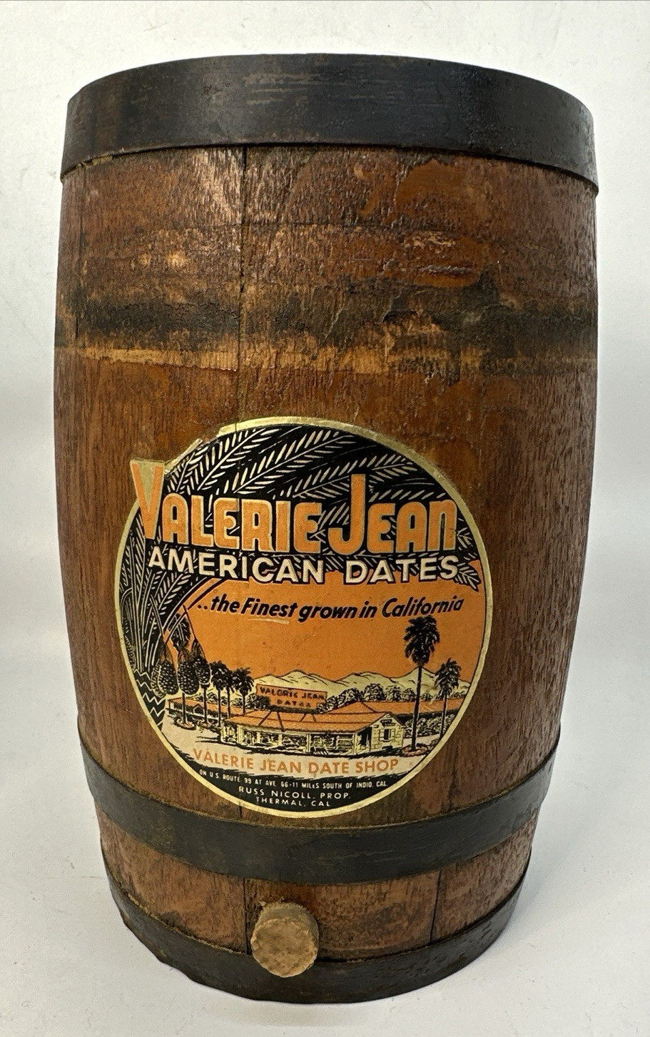 Vintage Valerie Jean American Dates Wooden Display Barrel RARE 