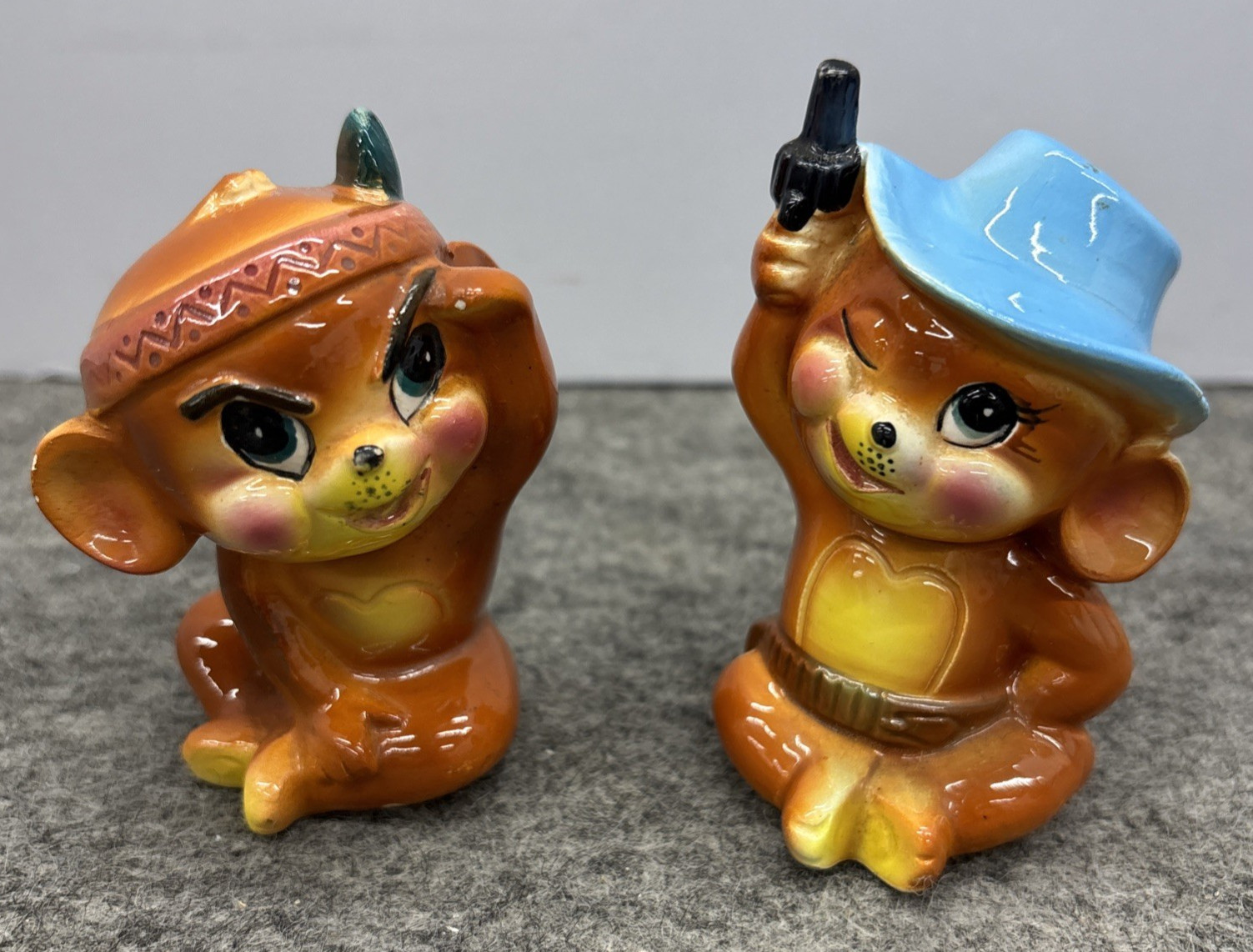 Vtg Jerry and Tuffy Cowboy Indian Salt Pepper Shakers Mouse Anthropomorphic
