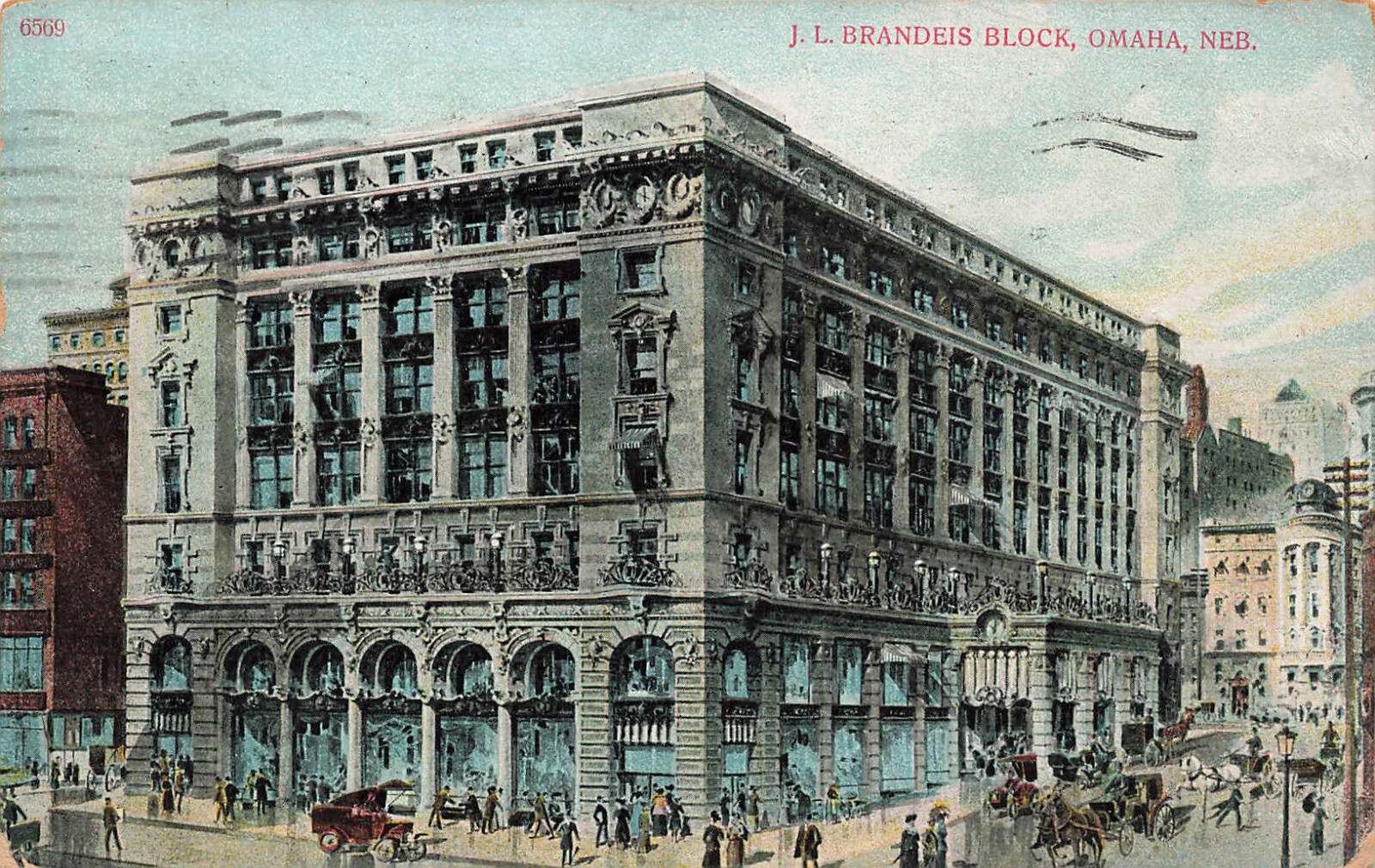 JL BRANDEIS BLACK & BUSY STREET SCENE POSTCARD OMAHA NE NEBRASKA 1908