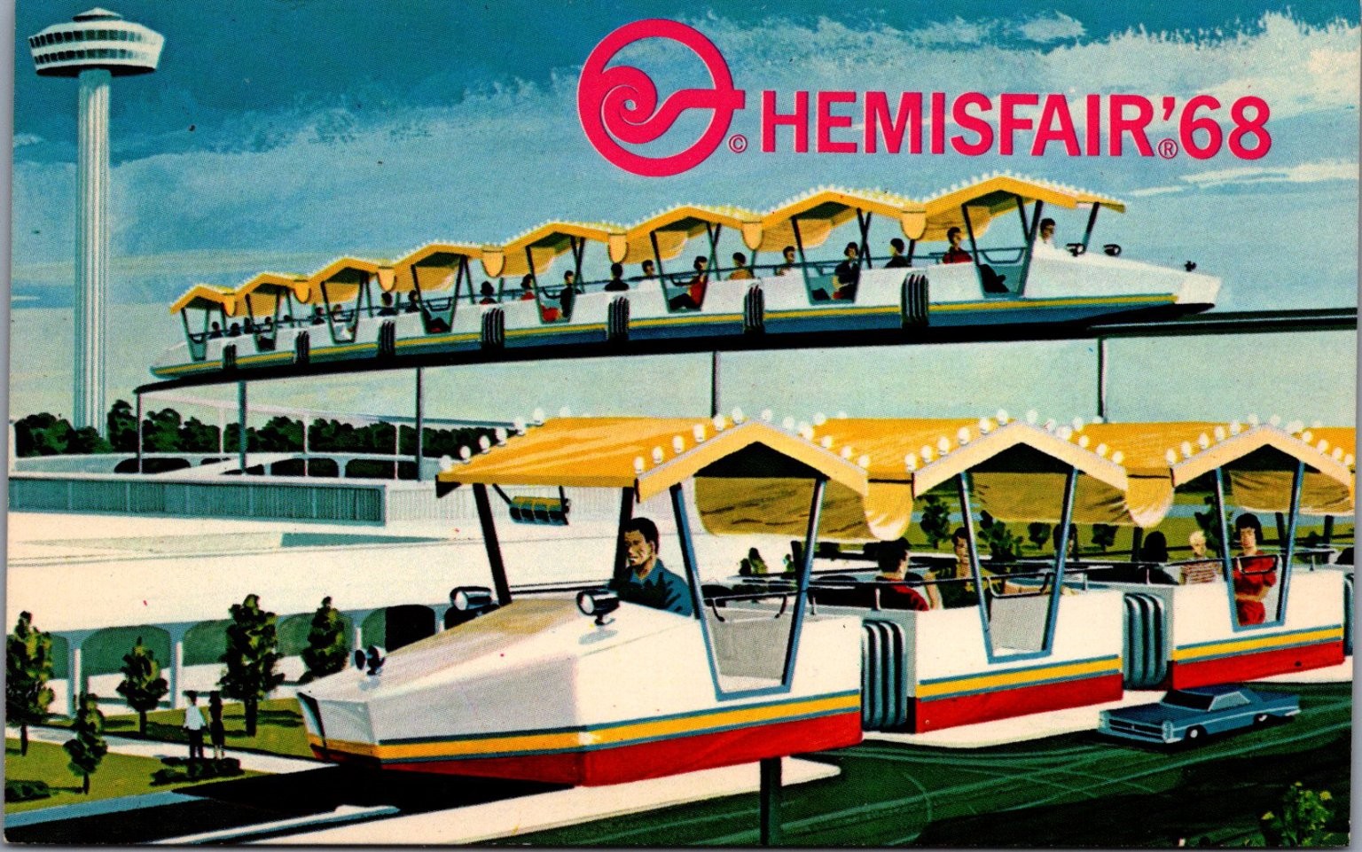 HemisFair \'68 San Antonio Mini-Monorail Plasticchrome Postcard 1968 World\'s Fair