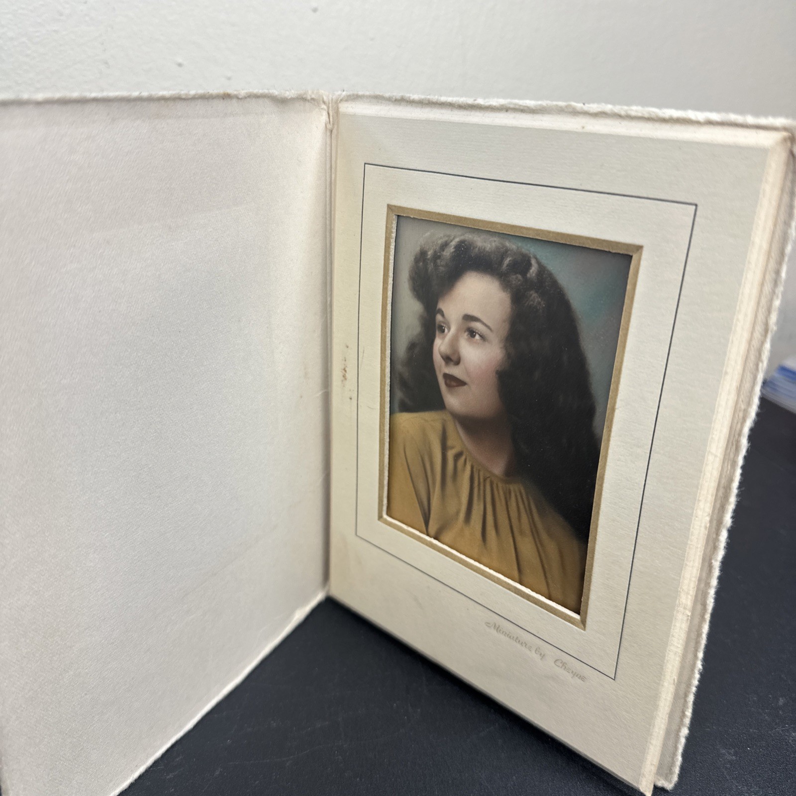 Vintage 1940s Hand-Tinted Portrait – Miniature by Cheyne Studio Photo in Folder