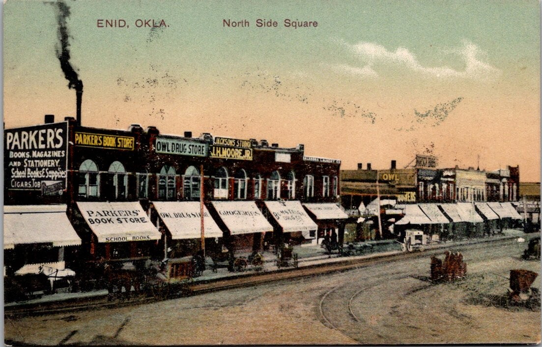 Enid Oklahoma North Side Square Storefronts Awnings Streetcar Track Postcard