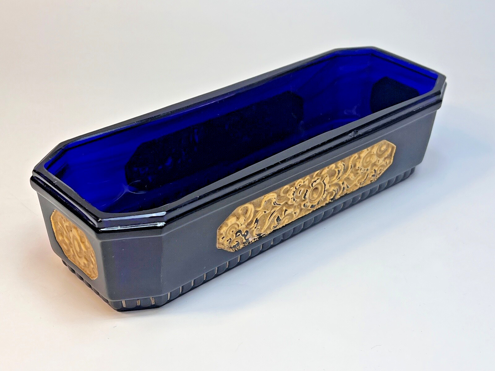 Art Deco French Marganne et Degreze Cobalt Blue Pressed Glass Toothbrush Holder