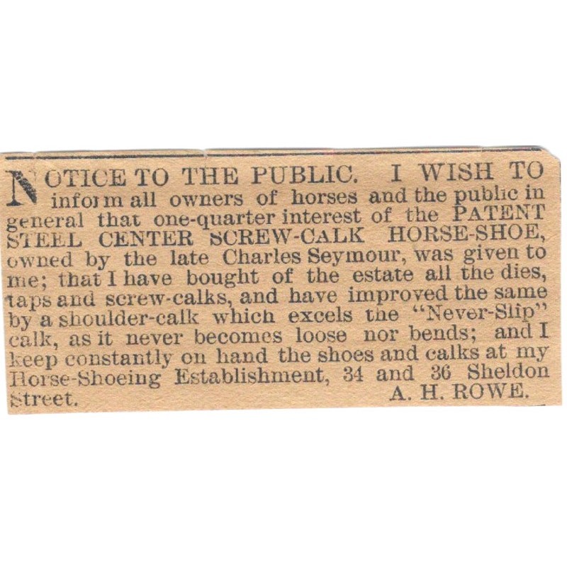 A.H. Rowe Steel Center Screw-Calk Horseshoe Hartford 1886 Newspaper Ad AF7-SS8 A.H. Rowe Steel Center Screw-Calk Horseshoe Hartford 1886 Newspaper Ad AF7-SS8
