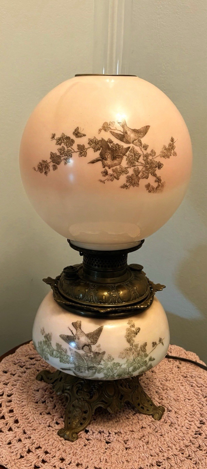 GWTW 24” Pink Oil Lamp/Electrified With Hand Painted Floral