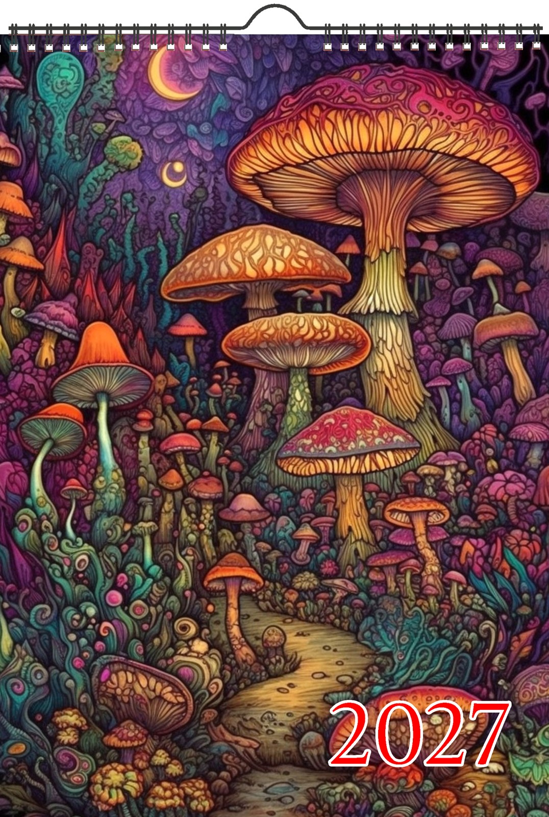 2027 Wall Calendar ~ Fascinating Hippie Mushrooms Neon Psychedelic Hippie Boho