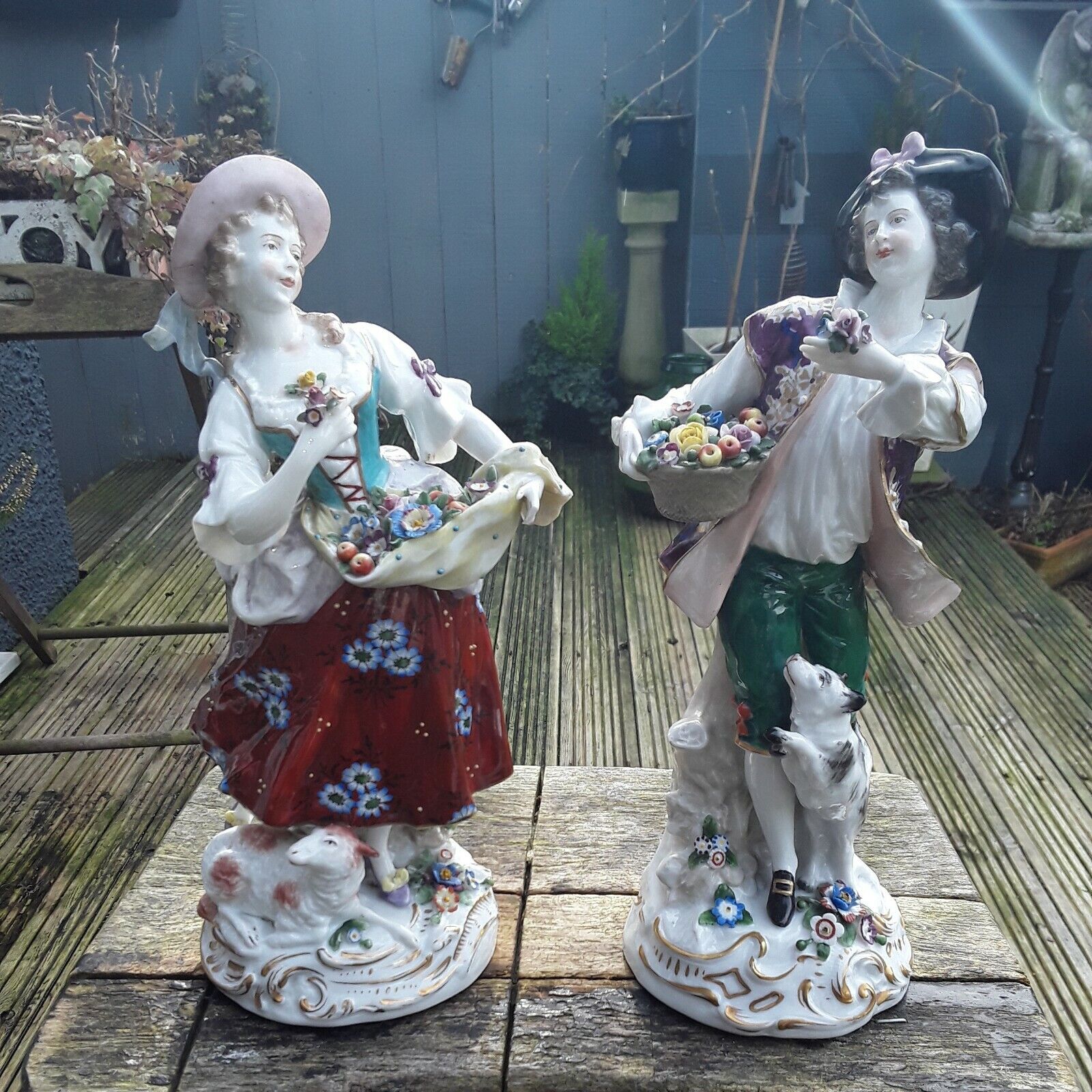 ANTIQUE GERMAN PORCELAIN MALE AND FEMALE FIGURINES GOLD ANCHOR BACK STAMP