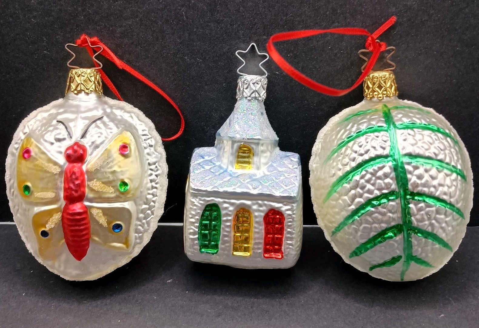 Lot of 3 VTG West Germany Inge-Glas? Blown Glass XMAS Ornaments Church Butterfly
