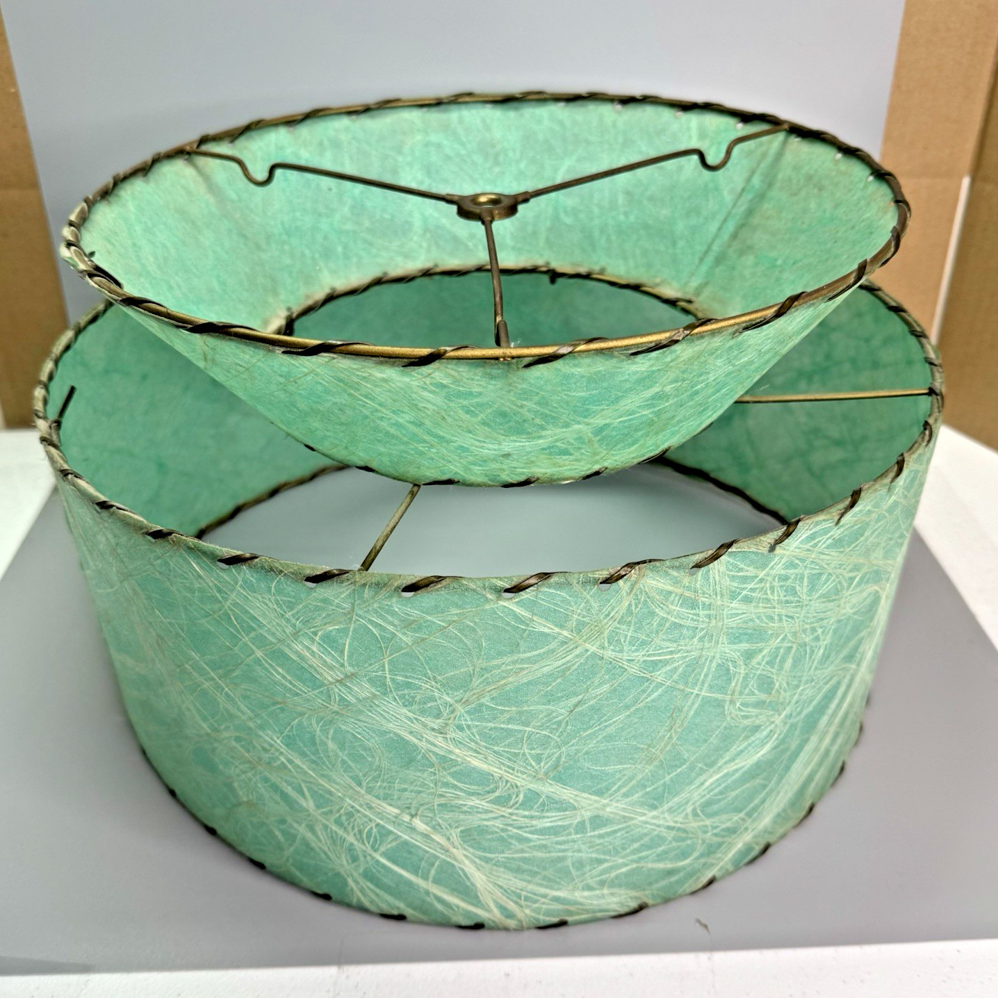 Vintage 1950s MCM Lamp Shade 2-Tier Fiberglass Turquoise Green 14\