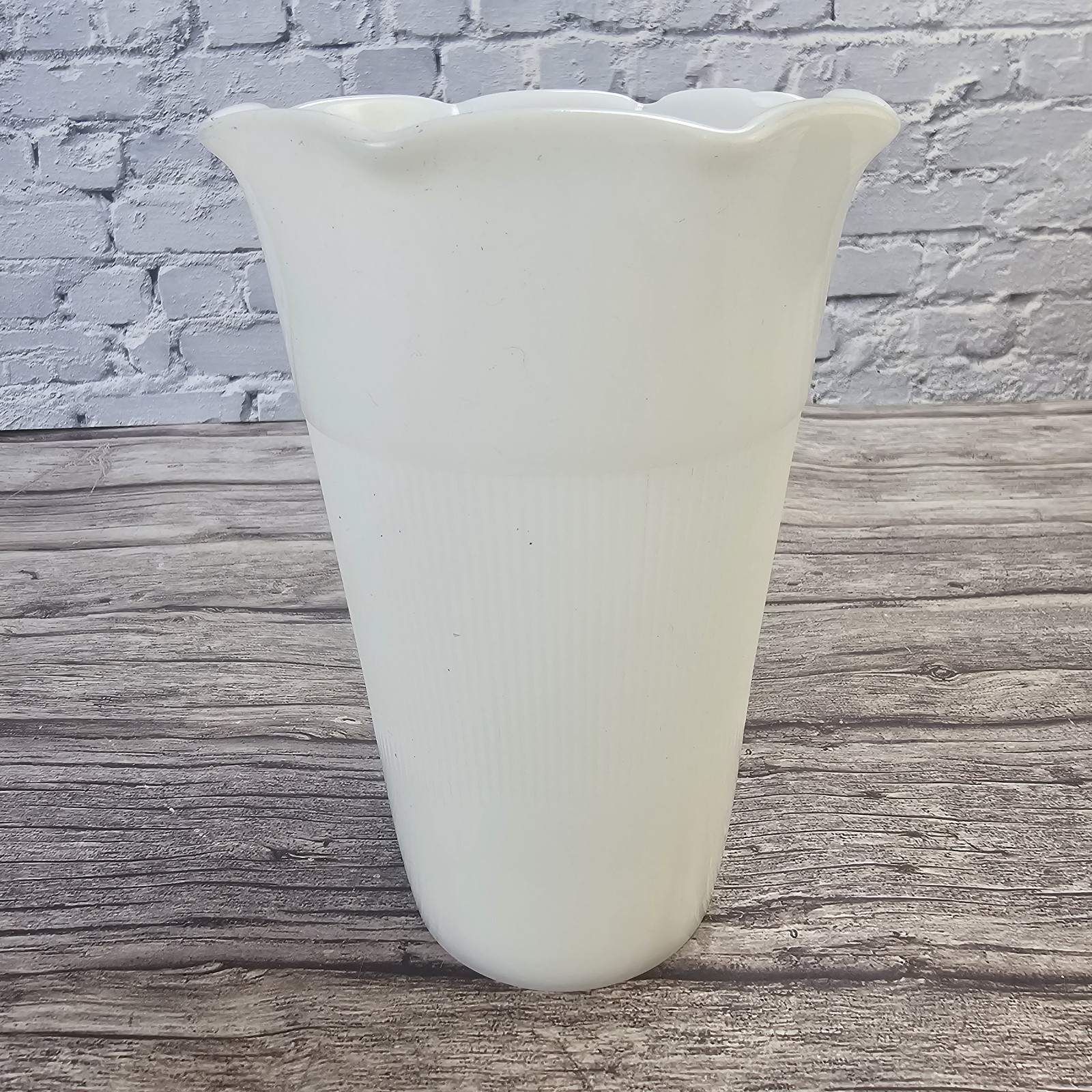 Vintage Hazel Atlas Glass Co. Milk Glass Vase Planter Ribbed with Fluted Rim A15