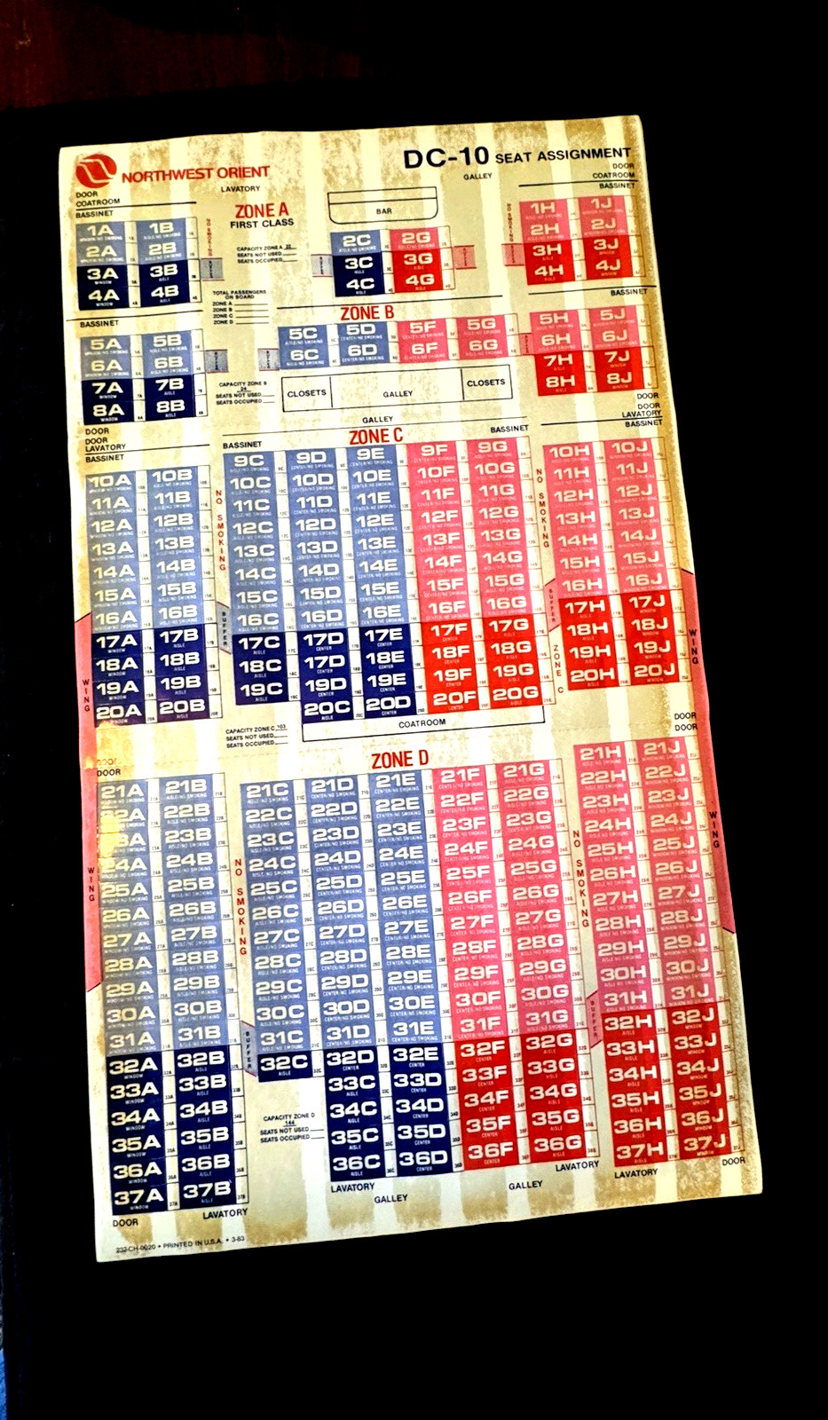 Vintage Northwest Orient Airlines DC-10 Pull Tab Seat Assignment Chart