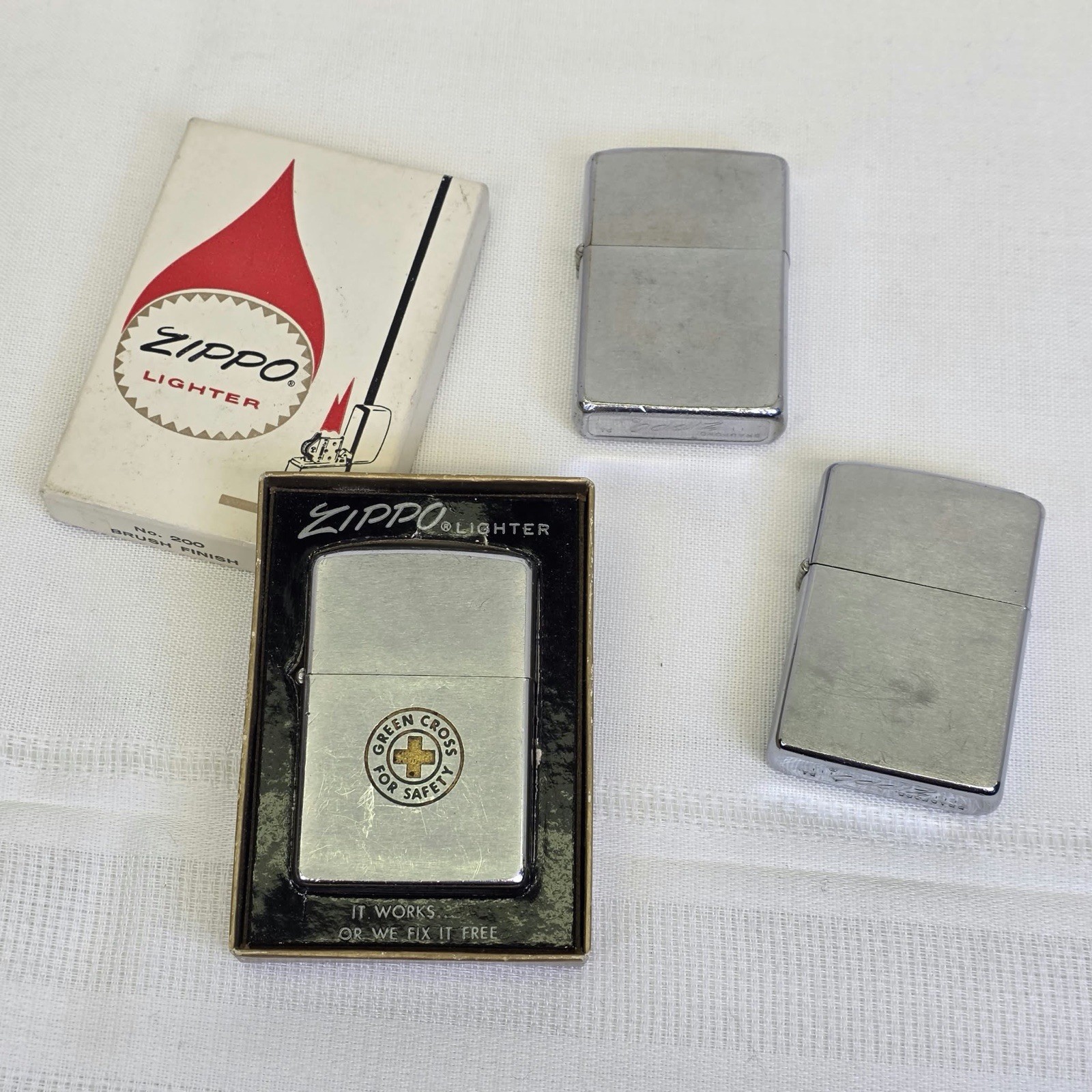 Vintage 1971 Zippo Lighter Lot Of 3 Green Cross For Safety Brushed Chrome W/ Box