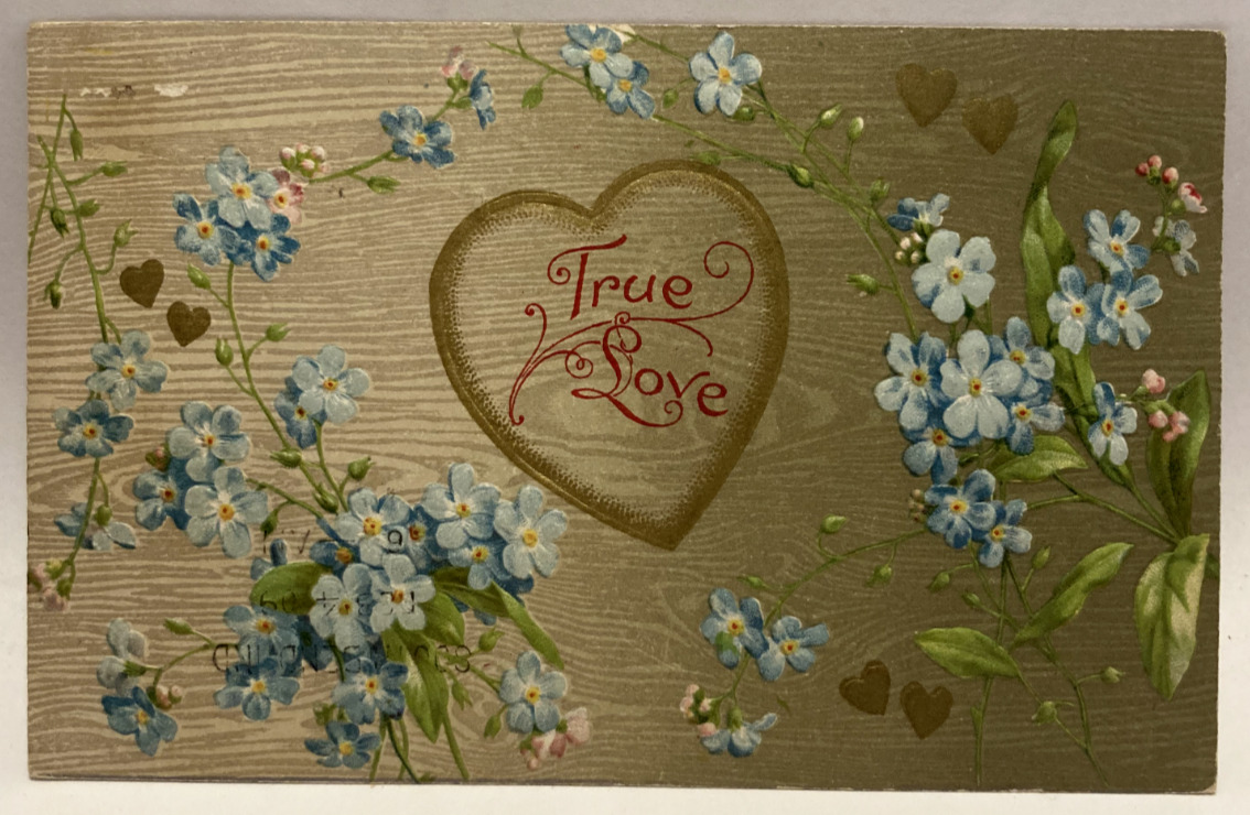 1909 True Love, Forget Me Not Flowers, Gold Hearts, Embossed Vintage Postcard