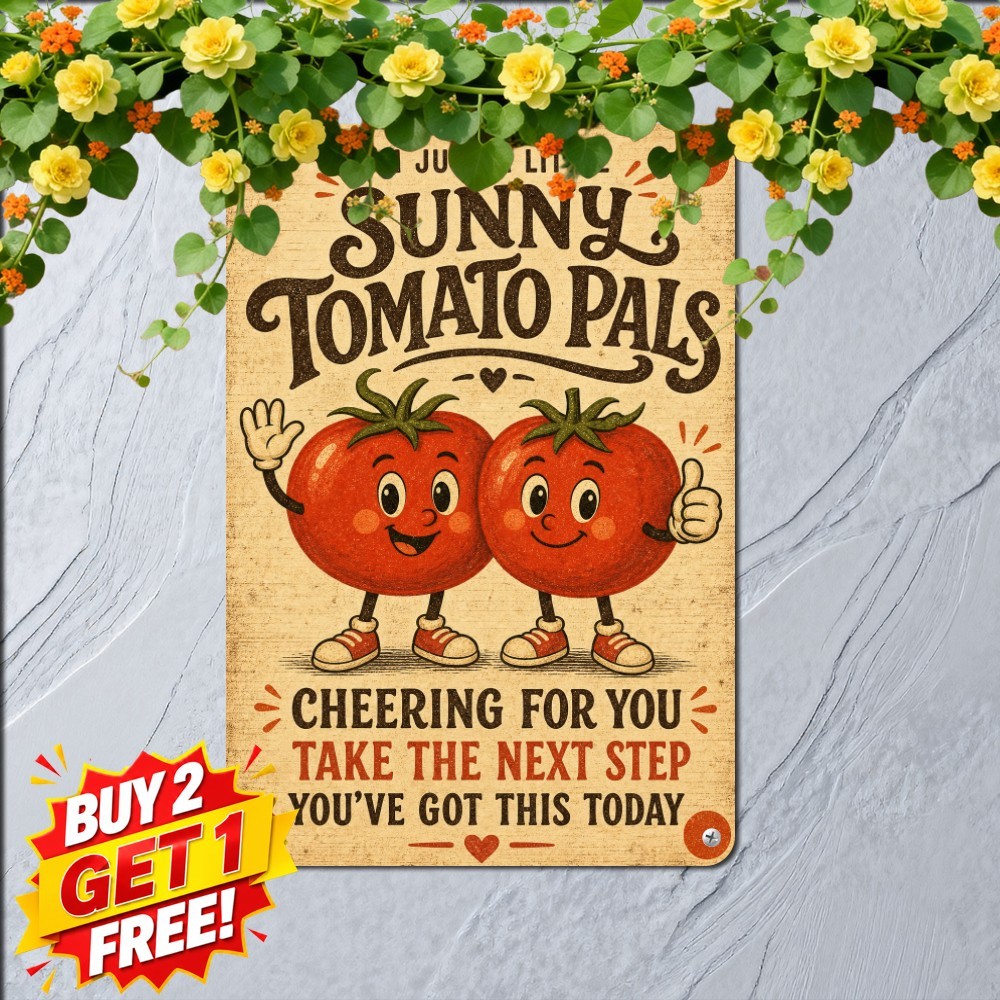 Two Smiling Anthropomorphic Tomatoes Sign Whimsical Kitchen Metal Plaque