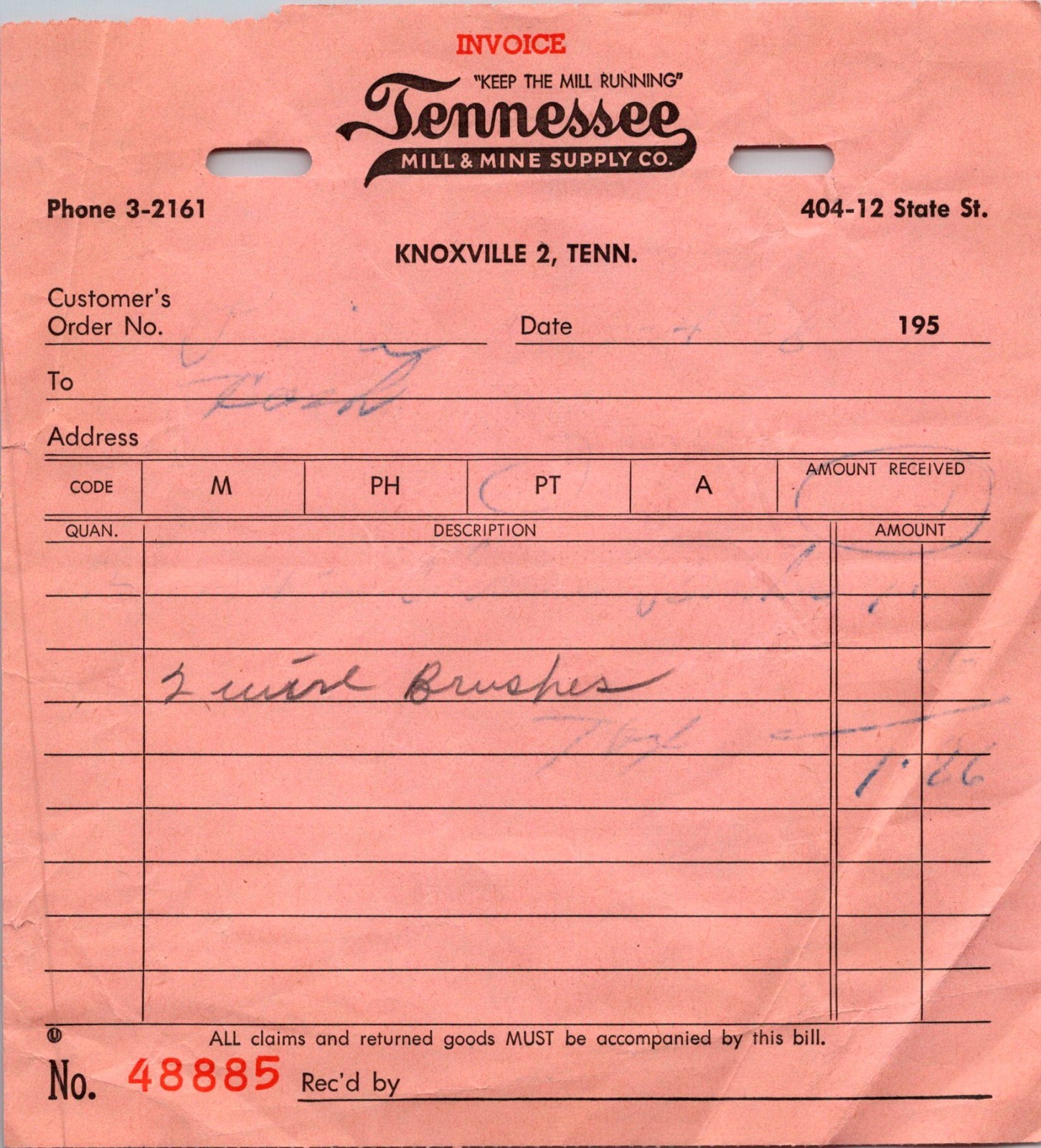 Tennessee Mill & Mine Supply Co Invoice Knoxville TN Letterhead Billhead 5A29