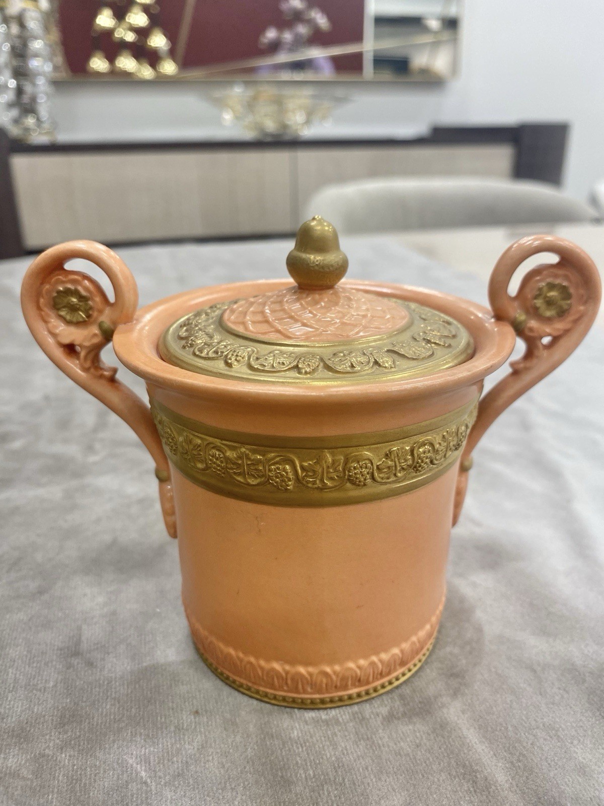 Agostinelli Lidded Bowl Peach Gold Grapevine Two Handle Sugar Jar NOS Italy