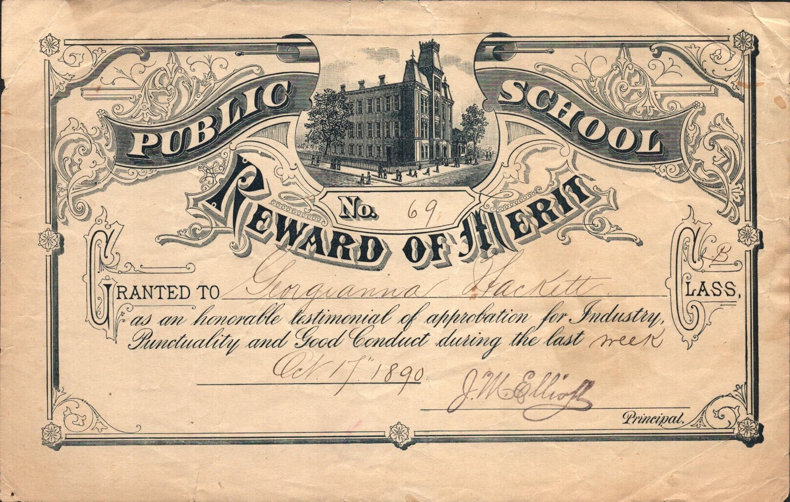 1890 PUBLIC SCHOOL antique reward of merit for GEORGIANNA HACKETT Americana 1890 PUBLIC SCHOOL antique reward of merit for GEORGIANNA HACKETT Americana