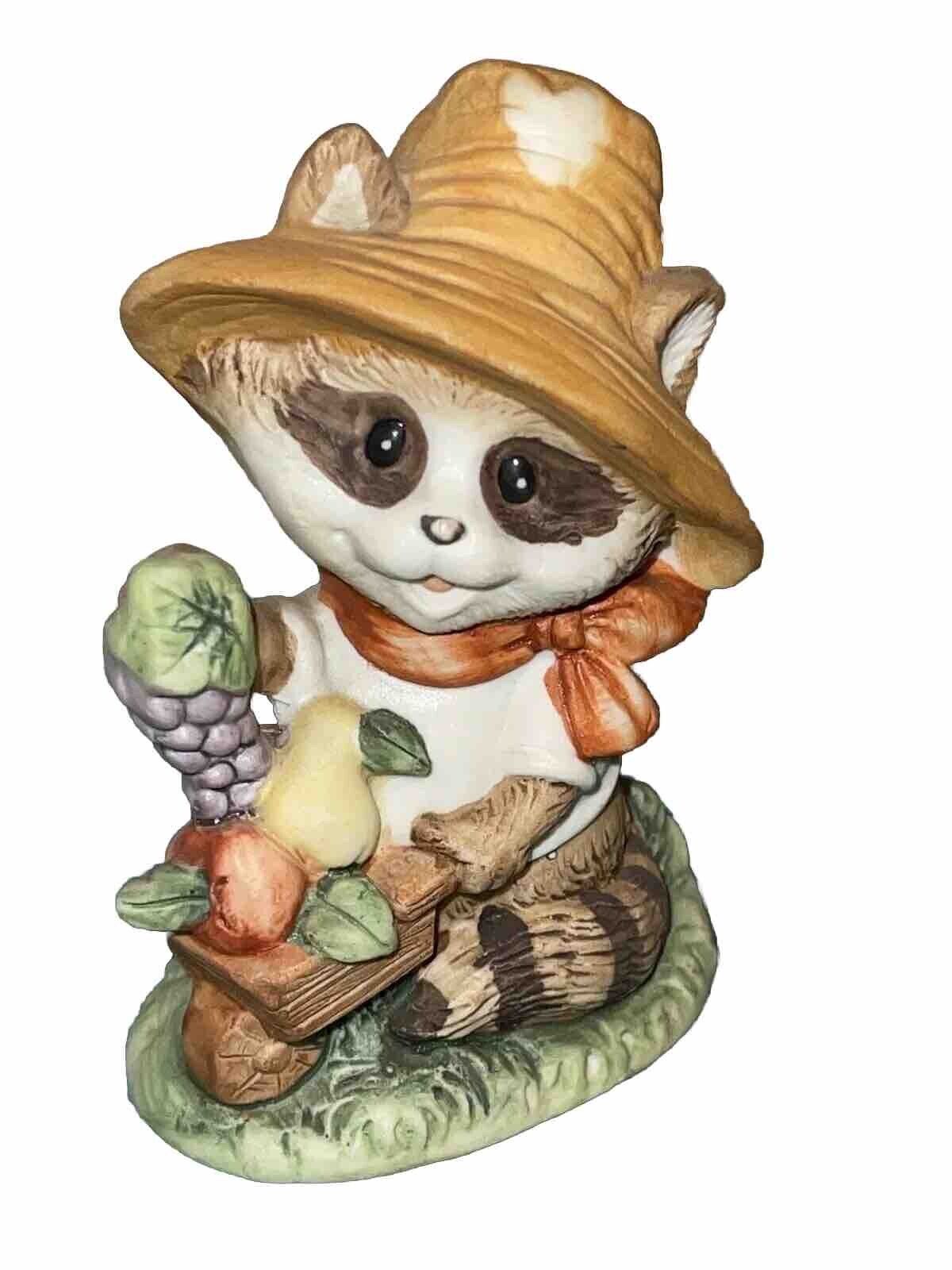 Estate Raccoon Figurine Find Ceramic Vintage Art Flowers Wheelbarrow Fun