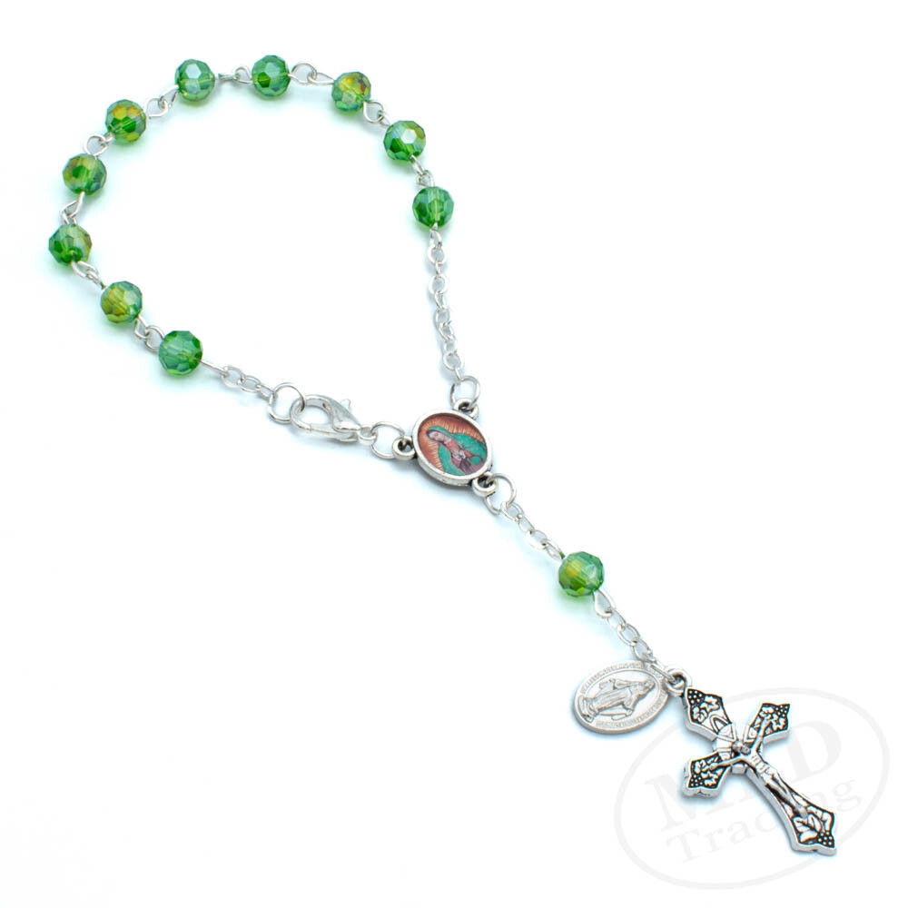 Green Glass Auto Rosary – Our Lady of Guadalupe Center – Prayer Beads for Car