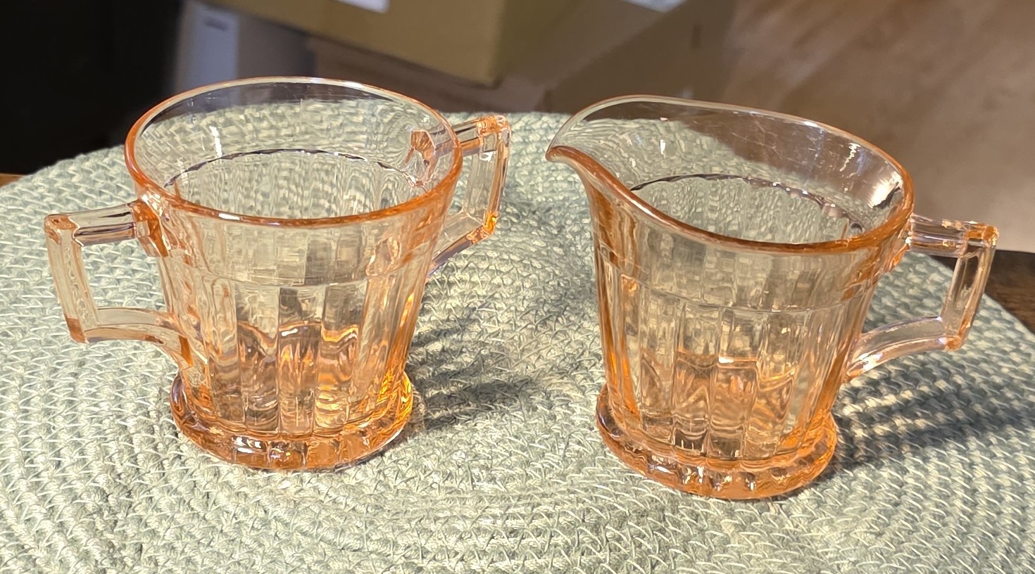 Vtg Heisey Coarse Rib Flamingo Pink Hotel Creamer & Sugar Bowl Set