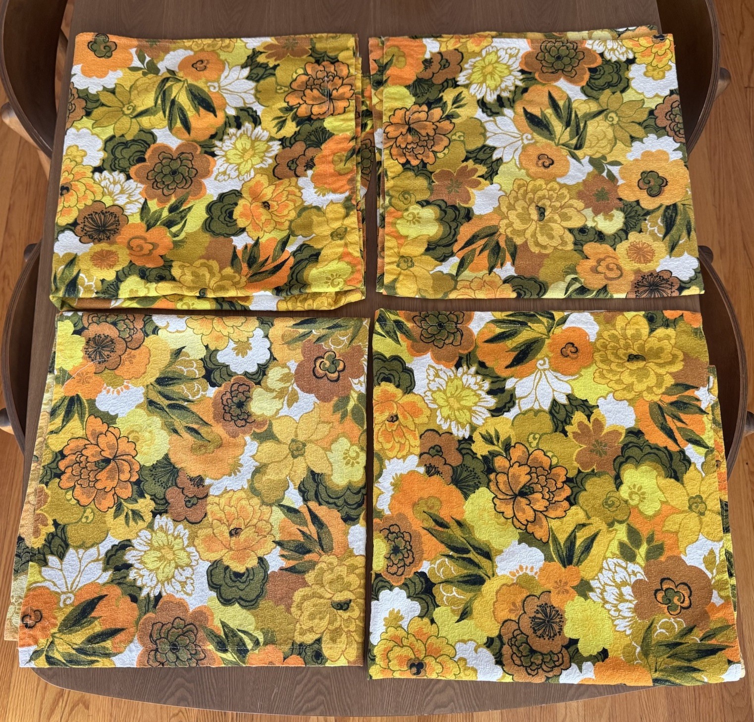 Vintage 70s Floral Curtain Panels Drape 34 x 31.5”Yellow Orange Flower Power MCM