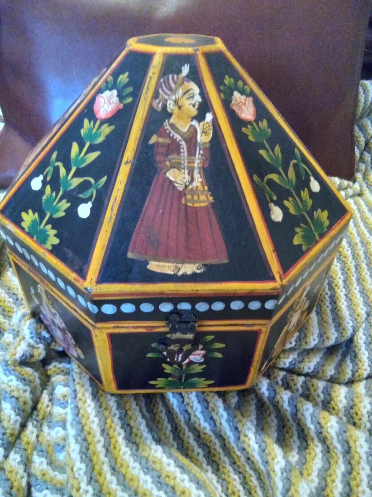 Hand Painted Folk Art  Tea Caddy Or Trinket Chest Unusual Octagonal Design