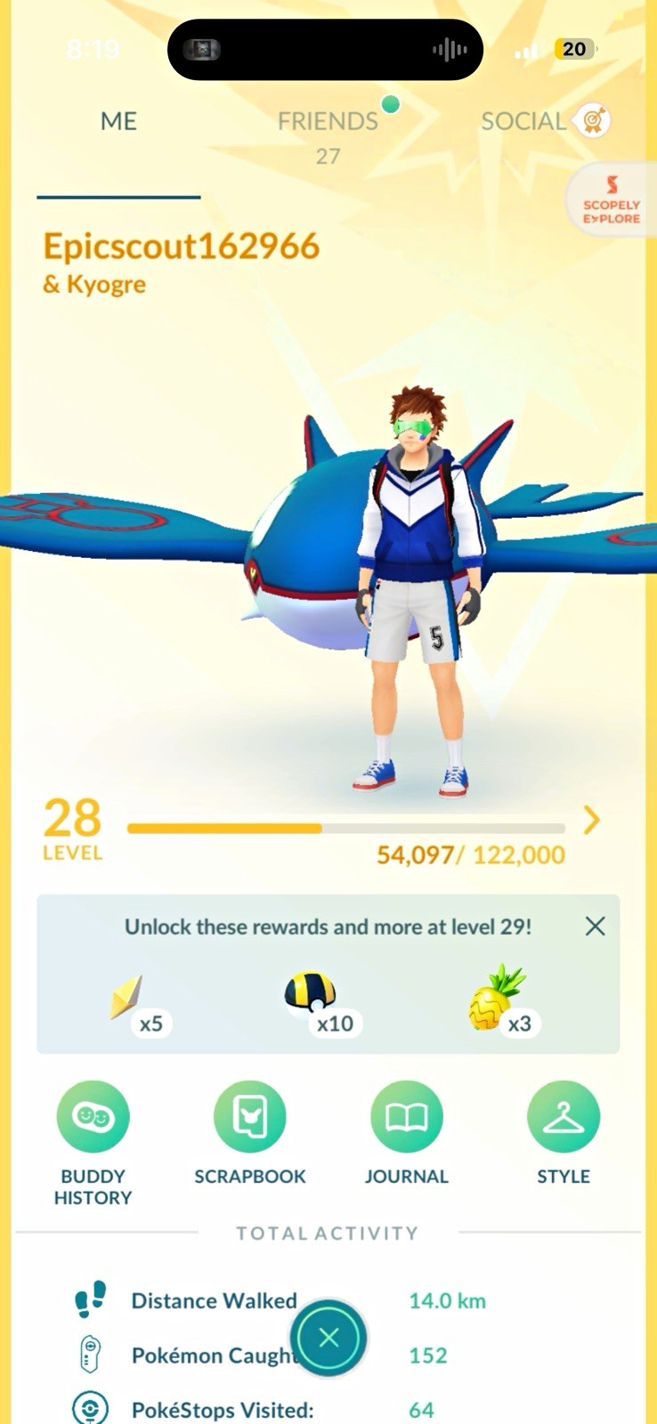 Pokémon GO Game Account Level 28 ID Epicsscout162966 w/ Kyogre Mewtwo