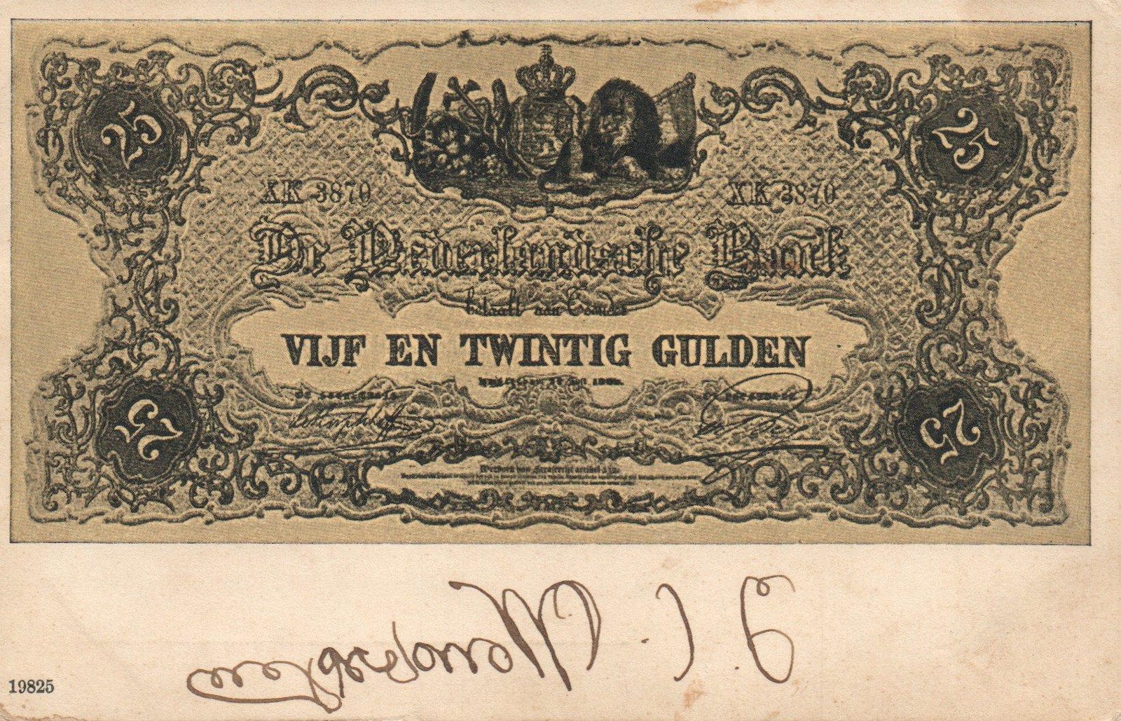 Vintage Netherlands 25 Gulden Banknote Postcard De Nederlandsche Bank Middelburg