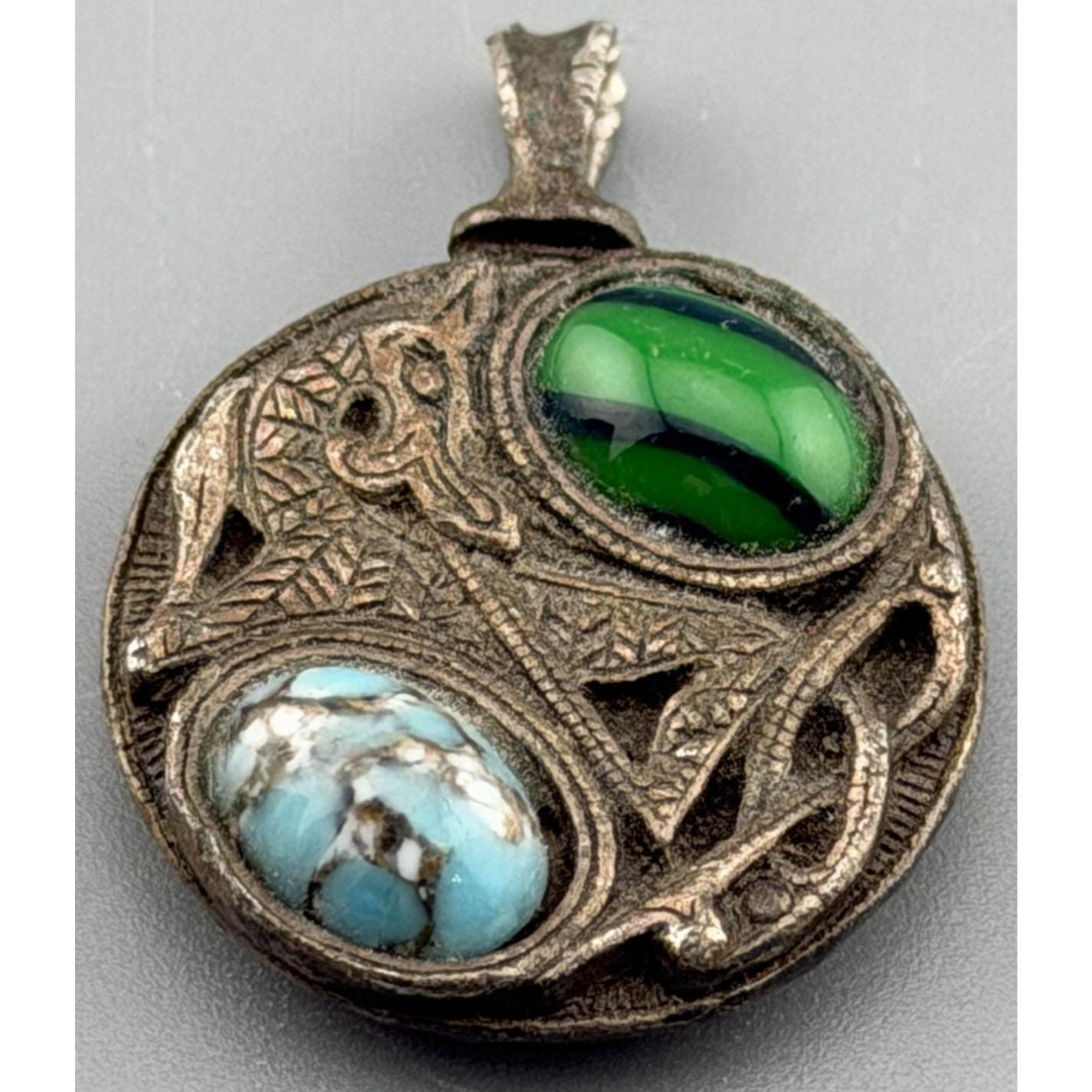 Vintage Chinese Dragon Amulet Pendant Blue Green Stones Pot Metal 7/8