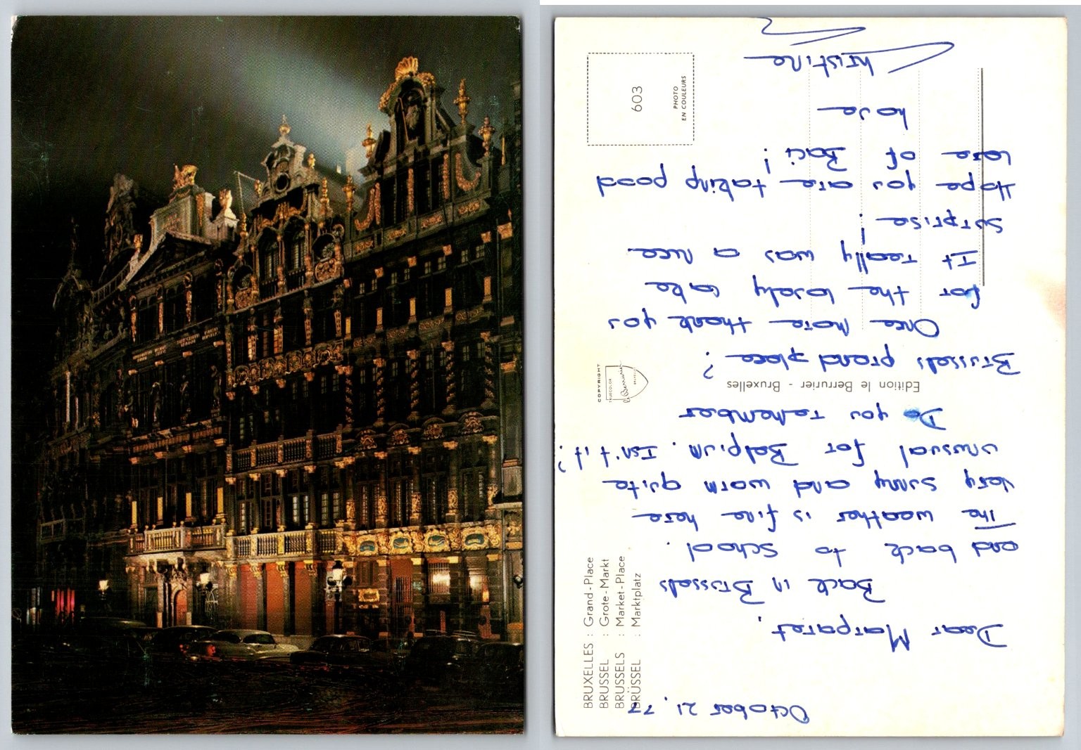 Vintage 1977 Grand-Place Brussels Belgium Night Photo Postcard