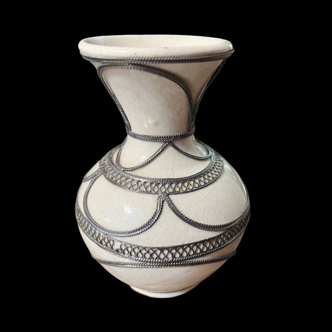 Moroccan Vintage Pottery Vase With Metal Trim Cream Ceramic Morocco