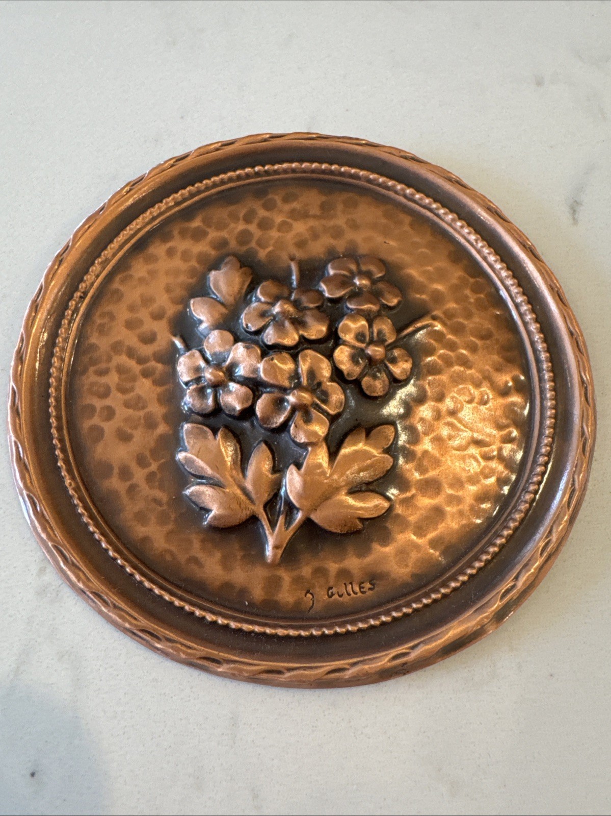 Vtg Albert Gilles Copper Relief Hanging Plate, Embossed/Raised flowers