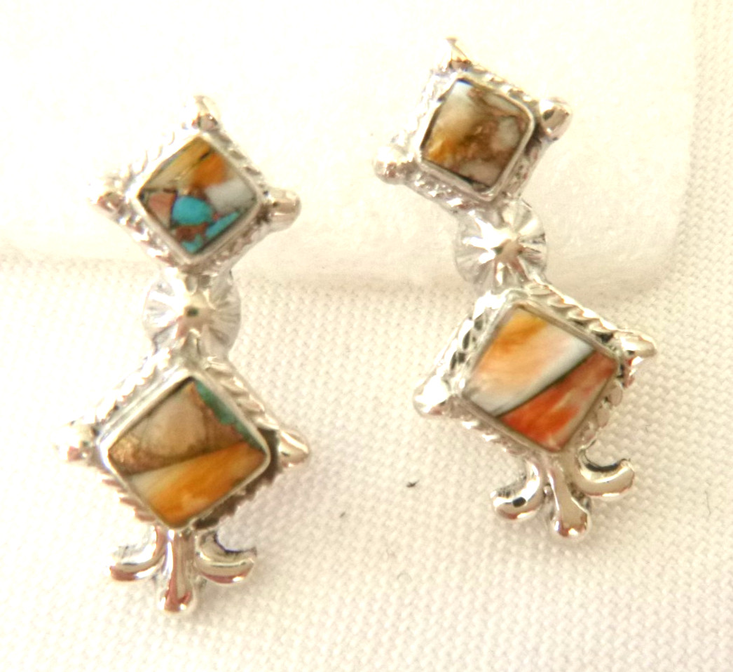 NWT  Navajo Sadie Jim Spiny Oyster Shell/Turquoise Earrings 925 Sterling Silver