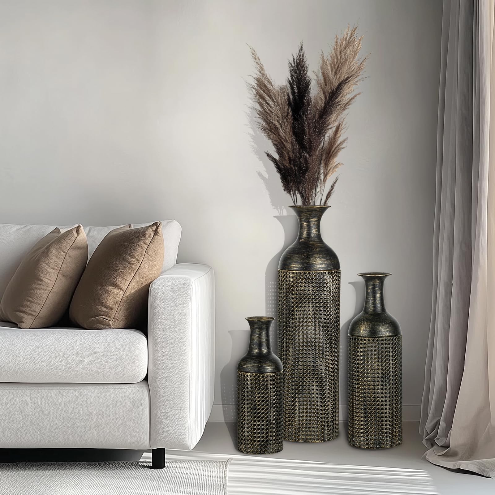Sziqiqi Metal Tall Floor Vase, Black Rubbing Gold Floor Decor, Set Of 3 Sziqiqi Metal Tall Floor Vase, Black Rubbing Gold Floor Decor, Set Of 3