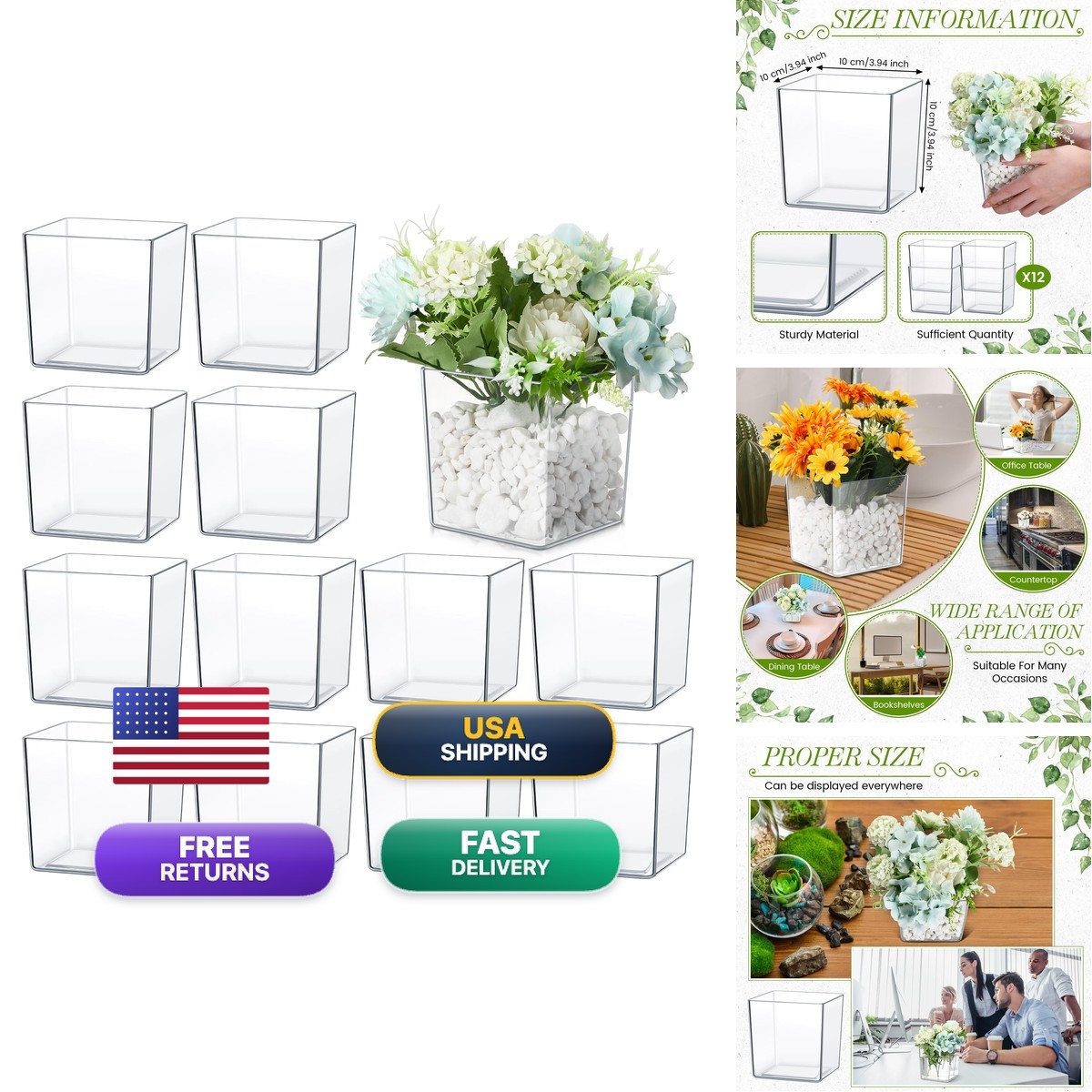 Tioncy 4\'\' x 4\'\' 12 Pcs Cube Clear Flower Vase Acrylic Flower Vase Square Tioncy 4\'\' x 4\'\' 12 Pcs Cube Clear Flower Vase Acrylic Flower Vase Square