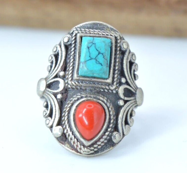 Ancient Solid Silver Antique Viking Ring With Turquoise And Red Stone Artifact