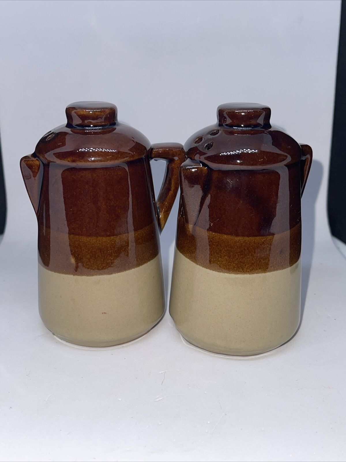 Brown & Tan Stoneware Pitcher Salt & Pepper Shakers RARE Ceramic 1970s
