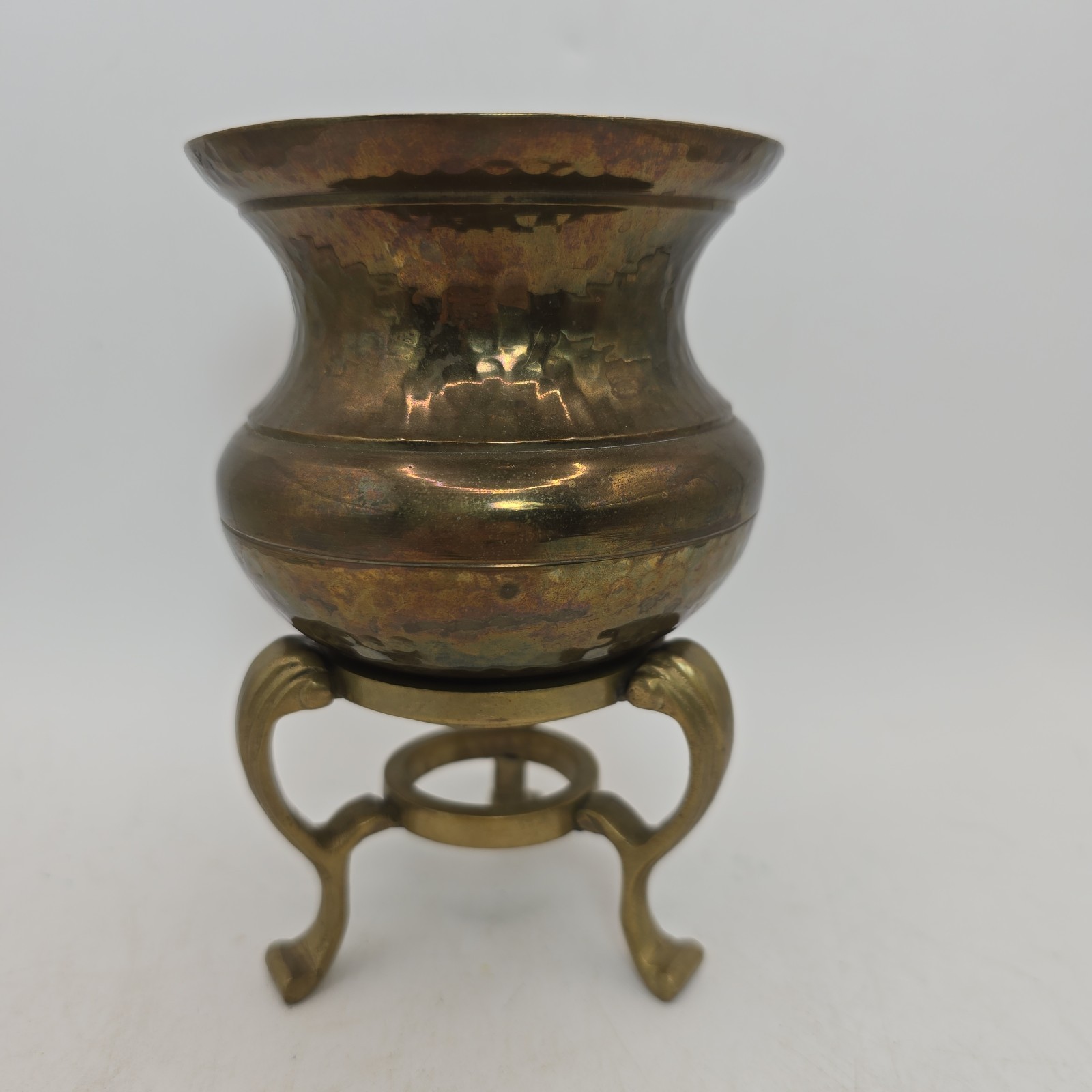 Vintage Footed Stand & Small Solid Brass Hammered Planter Pot Vase Made In India
