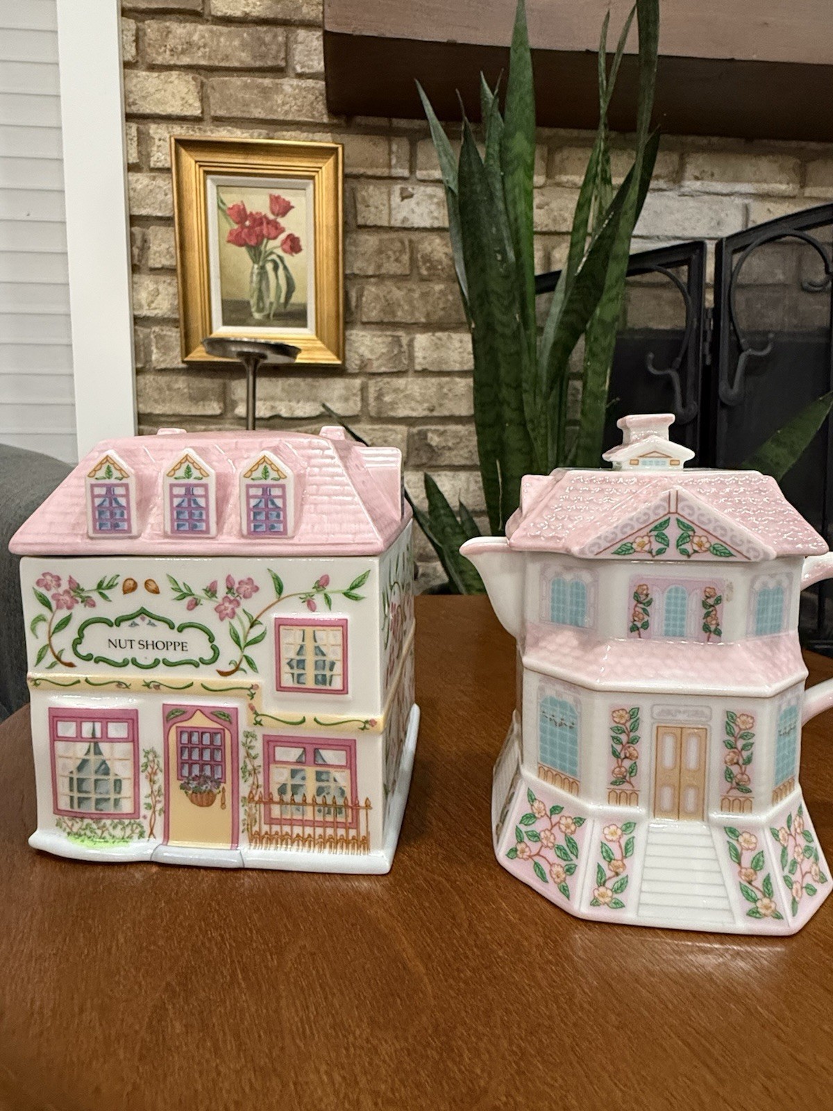 Vintage Lenox Village Nut Shoppe Canister & House Teapot 1993 Porcelain Set