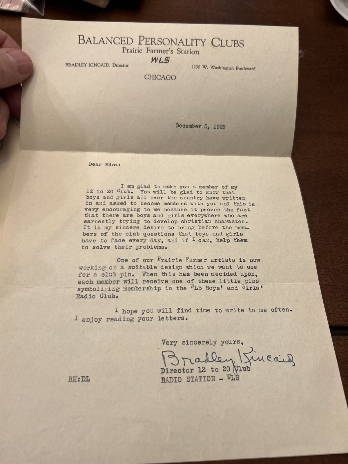 Bradley Kincaid Signed Typed Fan Letter On WLS Radio Letterhead 1929 W/ Envelope