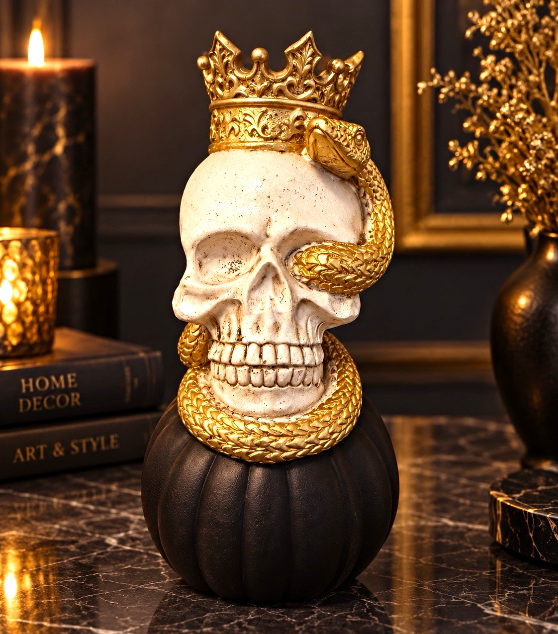 Decorative Skull Figurine with Gold Crown and Snake, Gold/White/Black