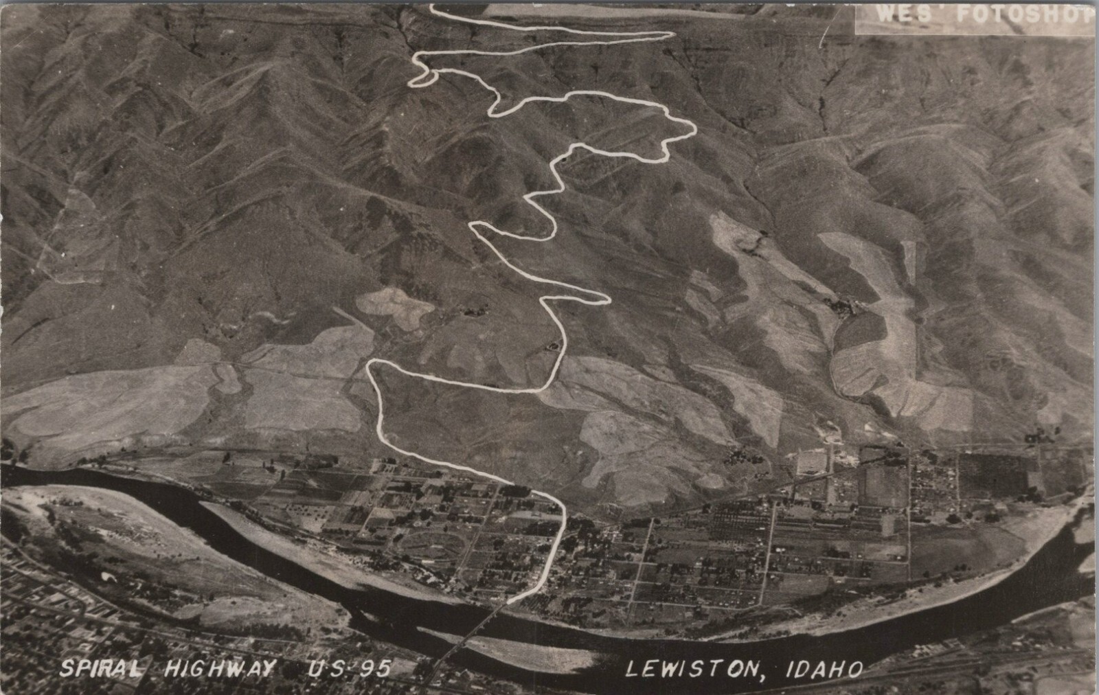 RPPC Lewiston ID Spiral Highway US 95 Aerial WES Fotoshop c1940s postcard NP7